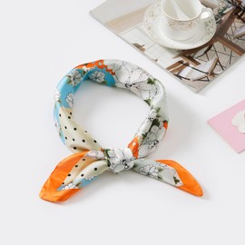 CHUNG Women's Headscarf Satin Bandanas Pattern Fashion Scarves Emulation Silk Handbag Hair Ribbons Handkerchief Suqare 27.5",Dot Flower-84