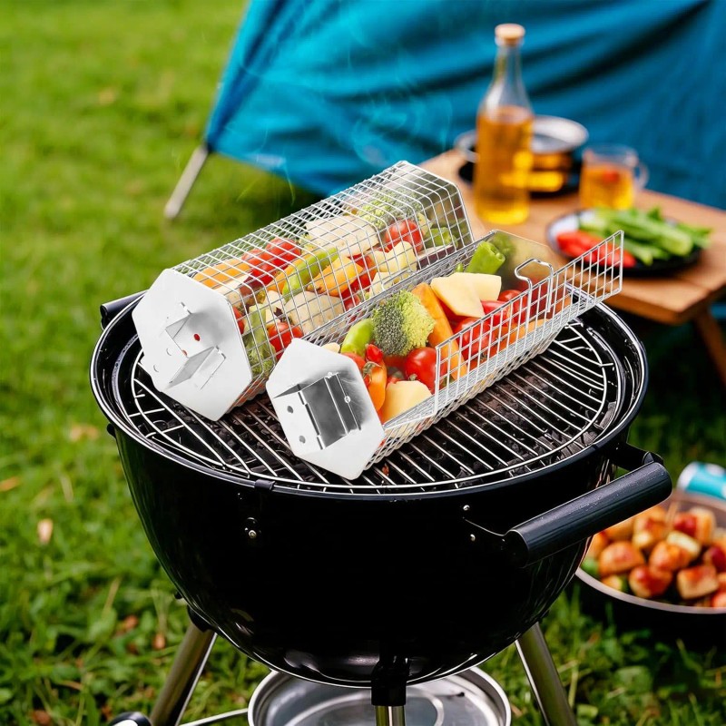 2-Piece Stainless Steel Grill Baskets Set with Removable Wooden Handles