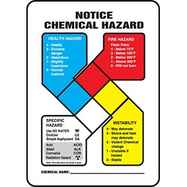 Accuform ZFD806VS Adhesive Vinyl Safety Sign, Legend "Notice Chemical Hazard" with NFPA Diamond Graphic, 10" Length x 7" Width x 0.004" Thickness, Blue/Red/Yellow/Black on White