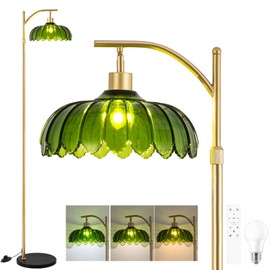 EIDISUNY Arc Floor Lamp for Living Room, Modern Standing Lamp with Remote, Dimmable, 3CCT, Arc Tall Floor Lamp with Green Glass Lampshade for Bedroom Study Room Office (Bulb Included)