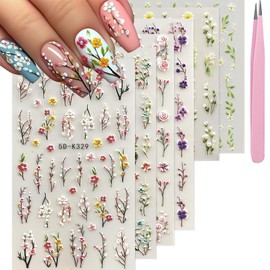 YOSOMMK Spring Flower Nail Art Stickers Decals Floral Nail Decals Self Adhesive 5D Embossed for Women Nails Design Decoraion Colorful Rose Plum Blossom 3D Flower Mails Stickers Supplies