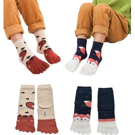 2 Pairs Cotton Five Finger Toe Socks Athletic Running Casual Cartoon Animal Seperated Socks for Kids Girls Boys 3-12 Years (AU, Alpha, One Size, Regular, Multiple colors)