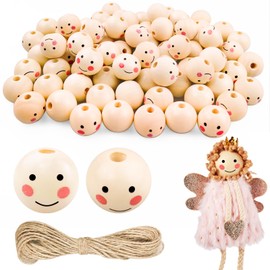 Furuising Pack of 80 Wooden Beads with Face 20 mm, Round Wooden Balls with Face, Wooden Balls with Hole Natural Wood Beads with 10 m Jute Cord for Worry Worms DIY Jewellery Bracelet