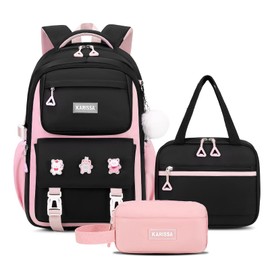 PIG PIG GIRL Girls Backpack, Kids Backpack for Girls with Anti-theft Back Pocket, Lightweight School Backpack, Watrer Resistant, Bookbag for Elementary Primary School, Black Pink,3pcs