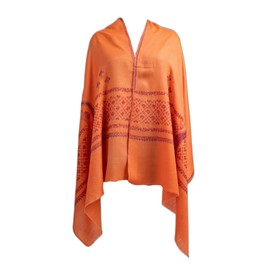 Kashmkari Hand Embroidered Merino Wool Sozni Scarf – Rich Orange with Intricate Purple and Red Embroidery – Stylish and Cozy.