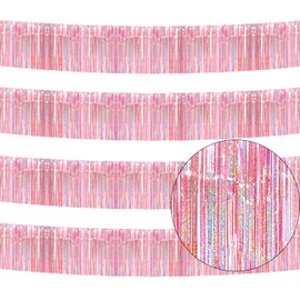 iiCheerful 4 Pack Total 40 Feet Foil Fringe Garland Metallic Tinsel Banner Wall Hanging Drapes Parade Float Skirting Decorations for Trailer Mardi Gras Party Birthday Wedding (Iridescent Pink)
