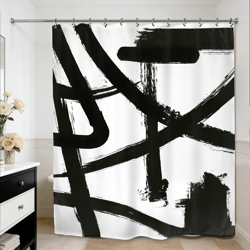Kalmico Black White Abstract Shower Curtain 60Wx72L Inch Modern Line