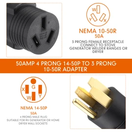 Kanayu 50Amp RV to Stove Adapter Compatible with NEMA 14-50P to 10-50R, 4 Prong Generator RV 14-50P Male to 3 Prong Stove, Oven 10-50R Adapter Generator Dryer Power Cord Connector(Black)