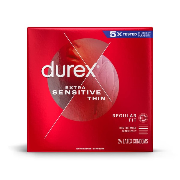 Durex Condom Extra Sensitive Natural Latex Condoms, 24 Count - Ultra Fine & Extra Lubricated, Regular Fit, FSA HSA Eligible
