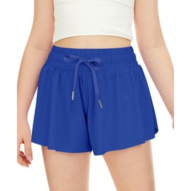 QooNoo Girls Butterfly Shorts with Pocket Flowy Athletic Shorts High Waist Preppy Running Shorts for Kids Teen (Enamel Blue,Small)