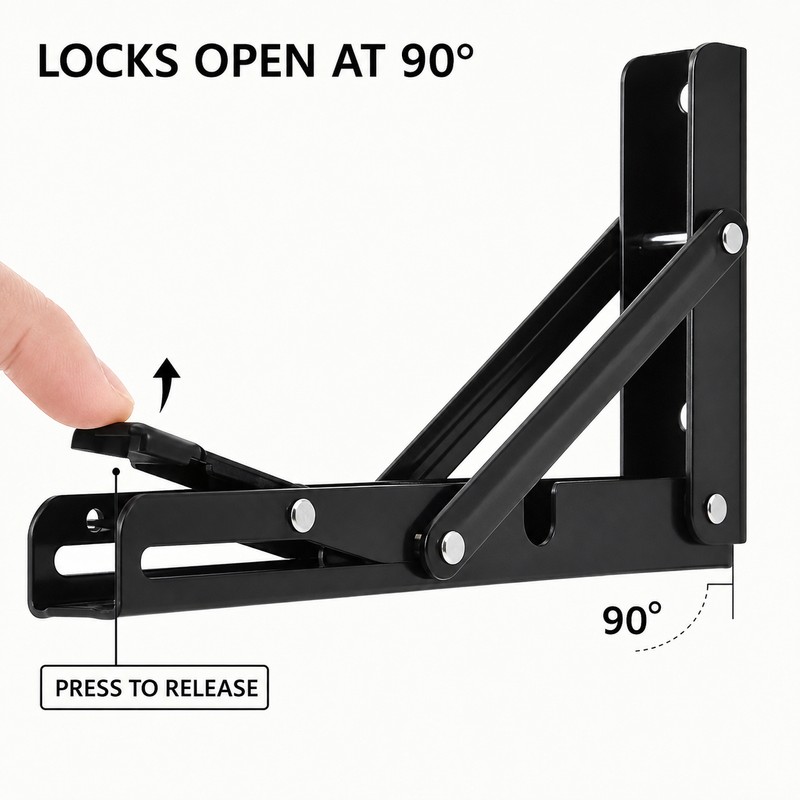 2-Pack Folding Shelf Brackets with 90° Lock & Press-to-Fold Design