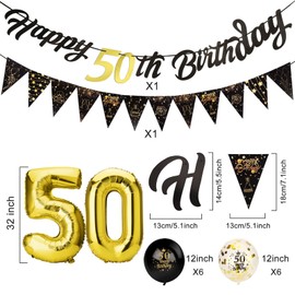 Afirbeone 50th Birthday Decorations Set, Including Black Gold Happy 50th Birthday Banner, Triangle Flag Banner, Confetti Latex Balloons and Aluminum Foil Balloons, for Birthday Party Decoration