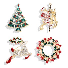 4 Pcs Christmas Brooch Pins Set Christmas Tree Santa Claus Bell Wearth Elk Brooch Pins for Christmas Rhinestone Crystal Xmas Pins Gifts Costume Accessory
