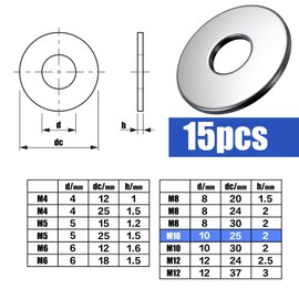DKBT M10 Washers Penny Washers M10X25mm A2 304 Stainless Steel Washer Plain Metal Flat Repair Round for Screws Bolts Nuts (15 Pieces)
