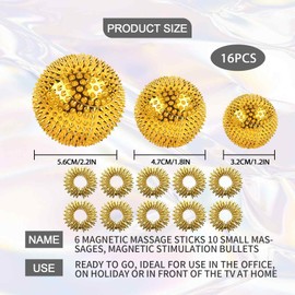Pack of 6 Magnetic Massage Ball Hedgehog Ball and 10 Pieces Massage Rings, Magnetic Acupressure Balls, Acupuncture Massage Balls, Yoga Ball for Stress Relief Massage (Gold)