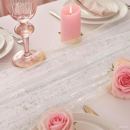 Axvxby Table Runner Silver Glitter 70 x 300 cm Chiffon Table Decoration Wedding Birthday Party Table Runner Transparent Elegant Decoration for Kitchen Indoor Festive Table Decoration (Silver)