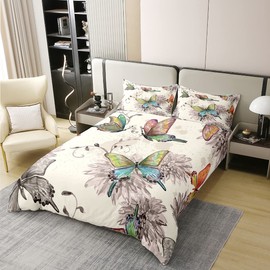 Erosebridal 100% Cotton Butterfly Bedding Set Watercolor Flower Comforter Cover Queen Size for Women Girls Teens Colorful Butterfly Floral Duvet Cover Vintage Grunge Style Quilt Cover