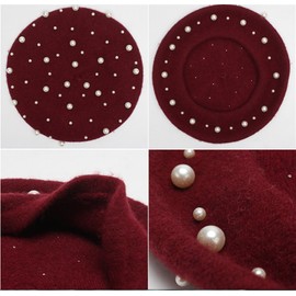 2021 Vintage Pearl Wool Beret Hat Lady Fashion Artist Hat (Wine red)