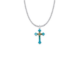 True Faith Jewelry 7/8 Inch Sterling Silver Crucifix Cross Pendant Necklace for Women and Men, Religious Gift, Budded Ends, Turquoise Enameled Rose, 18-inch Chain