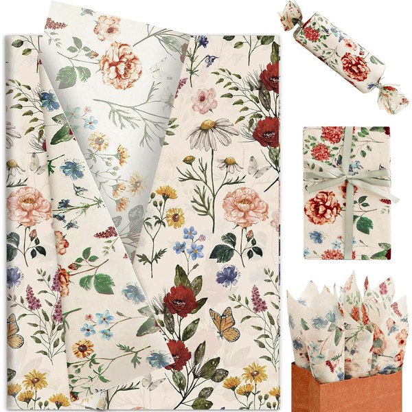 60 Sheets Wildflower Tissue Paper, 20x14 Inches Red Poppy Printed