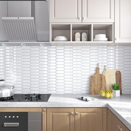 VEELIKE 24-Sheets White Long Hexagon Peel and Stick Backsplash for Kitchen Tile Stickers 12''x12'' Waterproof Stick on Ceramic Backsplash Tiles Adhesive Renter Friendly Wall Tiles for Bathroom Laundry