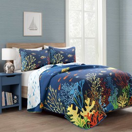 Lush Decor Under The Sea Reversible Quilt Set, 3 Piece Set, Full/Queen, Navy & Multi - Colorful Bedding Set - Coral Reef & Fish Quilt - Kids Bedroom Decor - Ocean Sea Life - Coastal Beach House Decor
