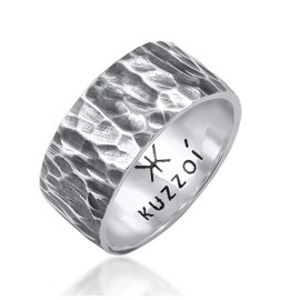 Kuzzoi 0604992820 Men's Ring in Hammered Design Band Ring Solid 10 mm Wide in 925 Sterling Silver Hammered Oxidised Ring for Men in Ring Size 60 - 66, Sterling Silver