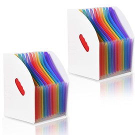 Lemical 2 Pcs Desktop Expanding File Holder 13 Rainbow Pockets Portable File Folder A4 File Organizer Self Standing Accordion Document Storage Box High Capacity Filling for Home & Office & School