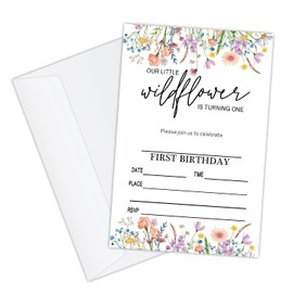 1st Wildflower Birthday Invitations with Envelopes, 20 PCS Our Little Wildflower is Turning One Birthday Party Invitations for Little Girls, Spring Birthday Party Supplies Decorations Simple Design
