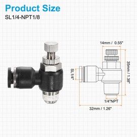 HARFINGTON SL1/4-NPT1/8 Air Flow Control Valve Push to Connect Fitting 1/4 Inch OD 1/8 Inch NPT 90 Degree Elbow Air Hose Control Valve Fitting Push Lock, Black