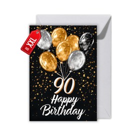 WBdesignz 90th Birthday Card with Envelope, Elegant Birthday Card for 90th Birthday, "Happy Birthday, Black Gold Balloons, 90th Birthday (XXL DIN A4)