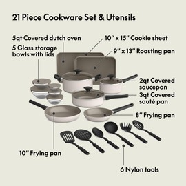 bella 21 Piece Kitchen Set with EverGood™ Ceramic Nonstick Coating​, Dishwasher & Oven Safe, All Stovetops Compatible, Tempered Glass Lids & Cool Touch Handles, Oatmilk