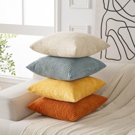 Volcanics Set of 4 Orange Teal Corduroy Decorative Couch Throw Pillow Covers 18x18 Inch, Western Modern Farmhouse Striped Cushion Cases, Soft Boho Square Accent Pillow Covers for Home Sofa