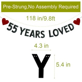 55 YEARS LOVED Banner,Pre-strung,55th Birthday/Wedding Anniversary Party Decorations Supplies,Black Glitter Paper Garlands Backdrops,Letters Black Betteryanzi