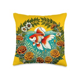 Oranda Goldfish Illustration Beautiful Fancy Goldfish Throw Pillow