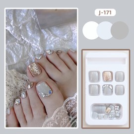 Vezocim Grey False Toenails Sets, Press on Toenails Coffin with Rhinestone Designs, Full Cover Artificial Acrylic Fake Nails for Toe, Glue on Toenails with Charm, Stick on Toe Nails for Women
