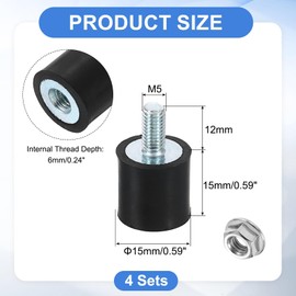 sourcing map M5 Rubber Mounts, 4Pcs 15x15mm(DxH) Rubber Cylindrical Anti Vibration Isolator Shock Absorber with Lock Nuts for Car Bobbin Generator Air Compressors
