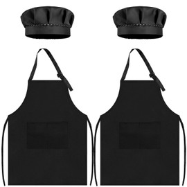 TOPWAYS Kids Apron and Chef Hat, Kids Aprons for Cooking, 2 Pack, Adjustable, Kids Chef Outfit, Toddler Kitchen Cooking Apron, Kids Artist Apron, Bibs for Kids from 3 4 5 6 7 8 9, 2 x black set