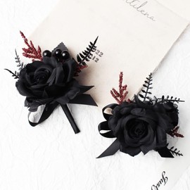 JHCYULUO Black Wrist Corsage and Boutonniere Set for Wedding Artificial Flower Accessories Prom Party Decoration (Black)