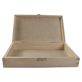 WooDeeDoo Shallow Wooden Gift Box with Clasp and Hinged Lid – 25 x 15 x 5 cm – Unpainted Pine Keepsake Storage Case for Crafts Cards Jewellery DIY Decoration Personalise Memory or Gift Use