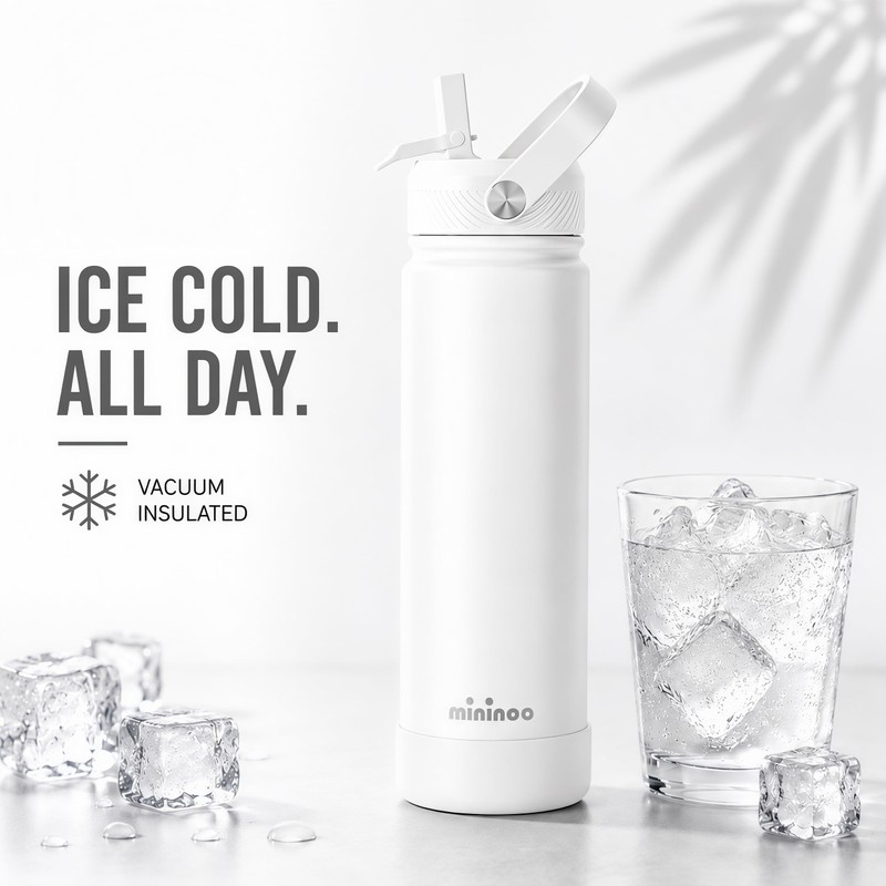 Mininoo 24 oz Insulated Ceramic-Lined Water Bottle with Straw, White