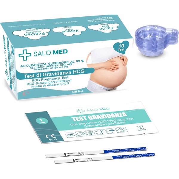 SALO MED - 10 HCG Quick Pregnancy Test - Ultra Sensitive 10 mIU - Reaction Strips with 10 Urine Cups Included - Pack of 10