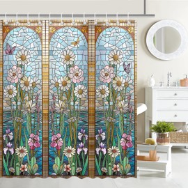 Avezano Garden Shower Curtain Stained Glass Garden Floral Butterfly Bathroom Shower Curtain Garden Decorative Waterproof Fabric Shower Curtain Bathtub Decor with 12 Hooks 72 X 72 Inch