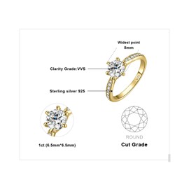 JewelryPalace Classic 1ct Cubic Zirconia Solitaire Engagement Rings for Women, 925 Sterling Silver 14K Yellow Gold Plated Promise Ring for Her, Round Cut Simulated Diamond Anniversary Wedding RingsR