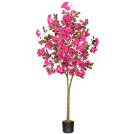 Artificial Bougainvillea Trees 6 FT Fake Tree with Pink Silk Flowers and Wood Trunk,Lifelike Faux Bougainvillea Trees with Planter and Moss,Faux Floor Plants for Home Office Decor Indoor Outdoor