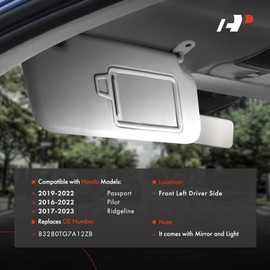 A-Premium Driver Left Side Sun Visor Compatible with Honda Pilot 2016-2022, Ridgeline 2017-2023, Passport 2019-2022 - with Vanity Mirror, with Vanity Light, Gray Color - Replaces 83280TG7A12ZB