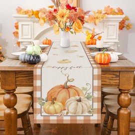 Bonhause Autumn Pumpkins Table Runners for Kitchen Dinning Table Decoration, Buffalo Plaid Fall Thanksgiving Table Runner for Indoor Outdoor Home Holiday Party Decor(33 x 183 cm)