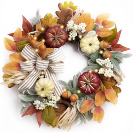 Valery Madelyn Fall Wreaths for Front Door Outside, 18'' Farmhouse Autumn Door Wreath with Lights Brown Pumpkins Bow, Outdoor Fall Decorations for Home Porch Thanksgiving Harvest Table Centerpiece