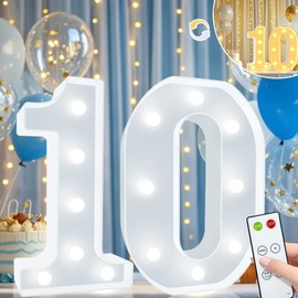 Light Up Numbers Birthday Decorations, Marquee Number Lights Sign with Remote, Lighted Numbers for 10th Birthday Wedding Anniversary Party Backdrop Wall Decor, Cool White and Warm White Number 10
