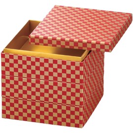 J-kitchens Excursion Lunch Box, Made in Japan, 3-Tier, 7 Size, Japanese Paper, Akagane Checkered, 8.7 x 8.7 x 6.9 inches (22.0 x 22.0 x 17.6 cm)